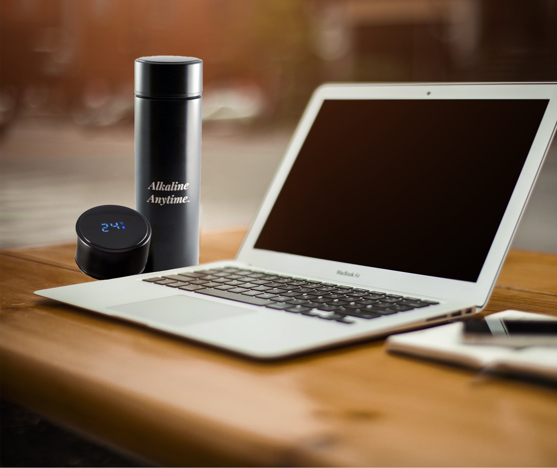 Executive Water Bottle Flask with 2 Lids (LED Display & Stainless Steel Lids) - Alkaline Anytime