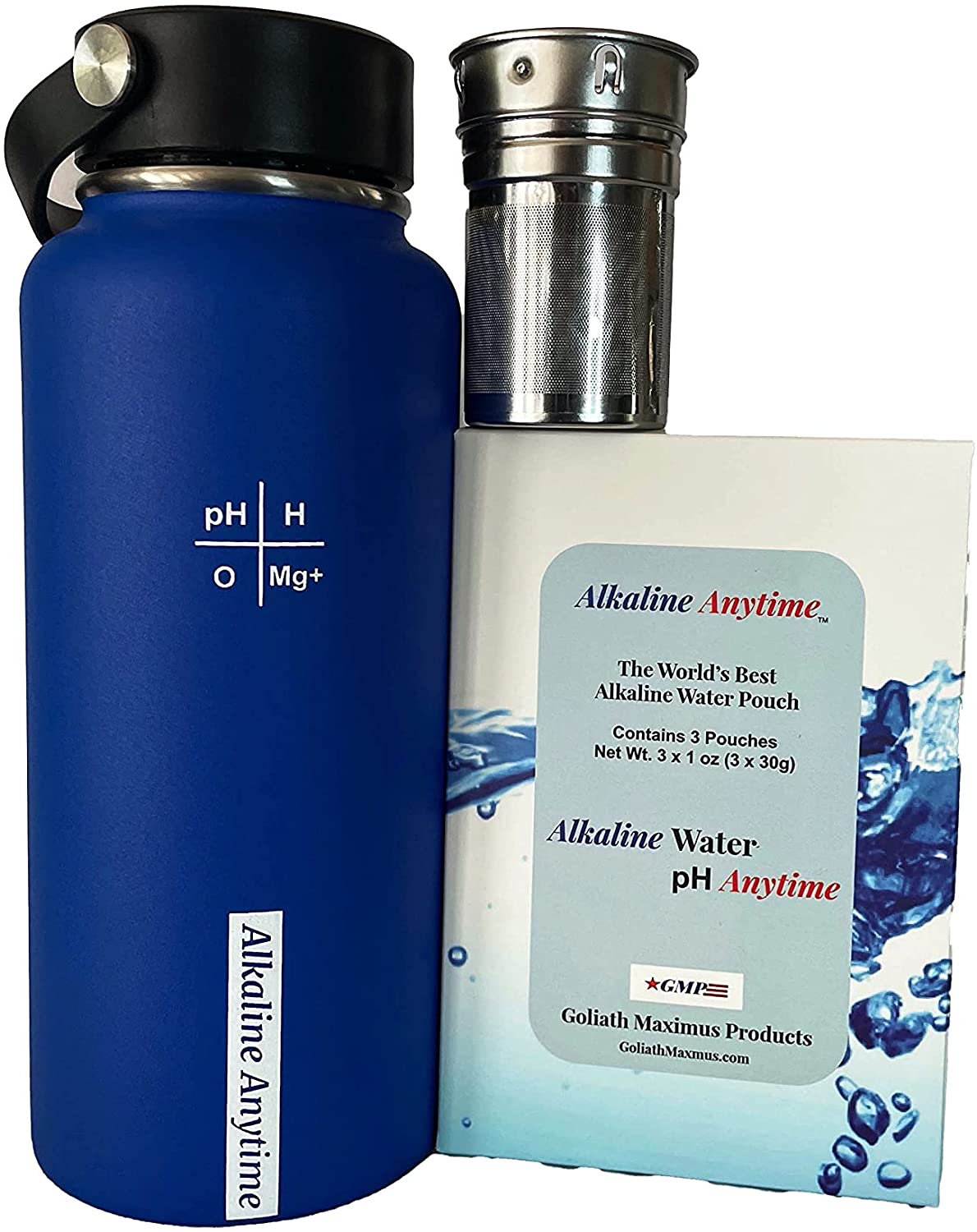 32oz. Alkaline Water Bottle Stainless Steel | Creates pH Water up to 9.5+ pH | Wide Mouth Vacuum Insulated With Handle | Micromesh Pouch and Infuser