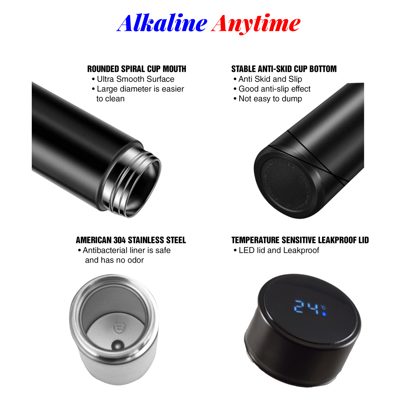 Alkaline Anytime Alkaline Water Bottle Flask-1 Alkaline Filter-2 Lids-LED Lid & Stainless Steel Lid - Alkaline Anytime