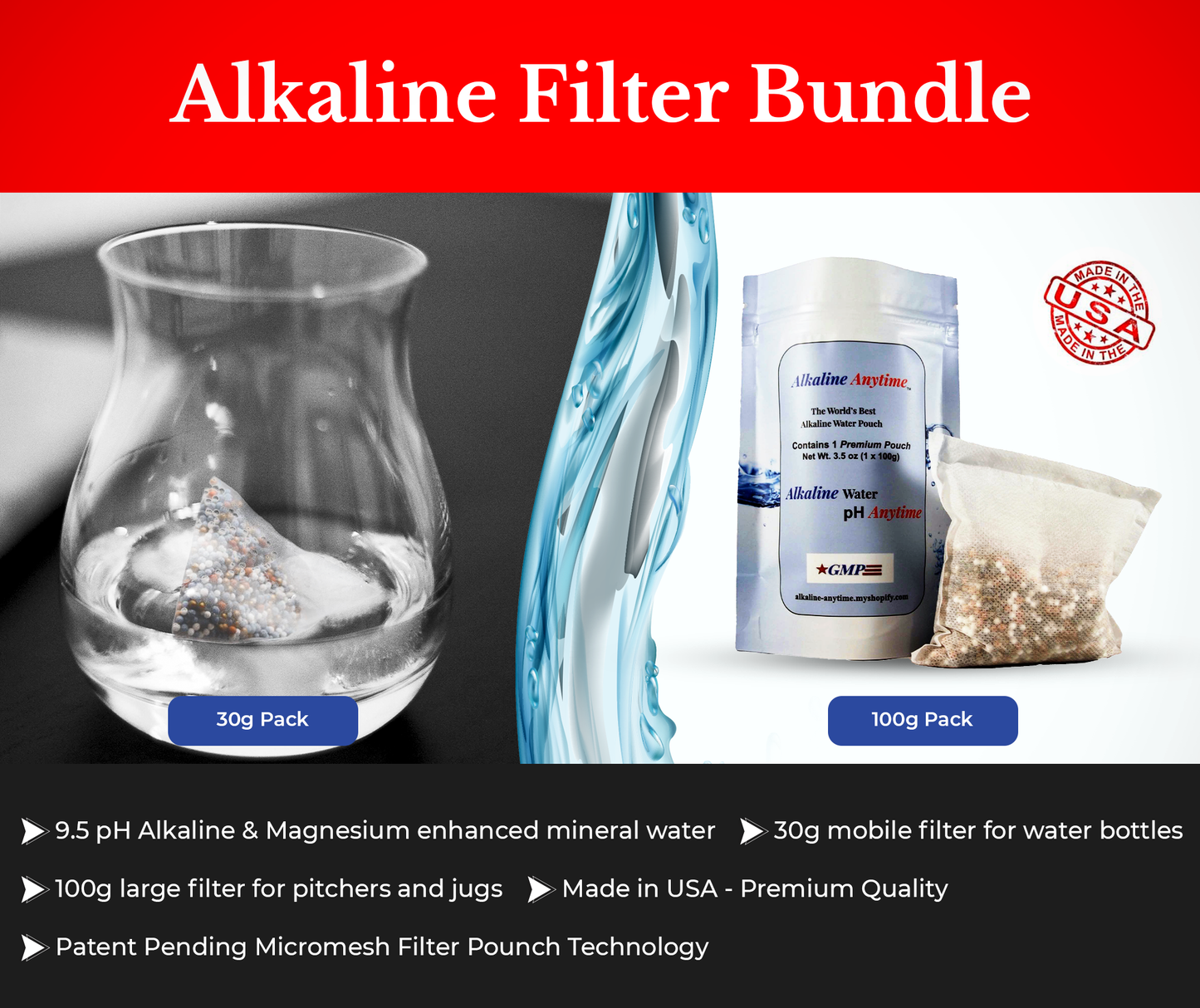 Alkaline Anytime Filter Bundle: Worlds Best Alkaline Water- 3 Pack of 30g and 3 Pack of 100g, Fit Any Container -9.5pH + Ionized Electrolytes