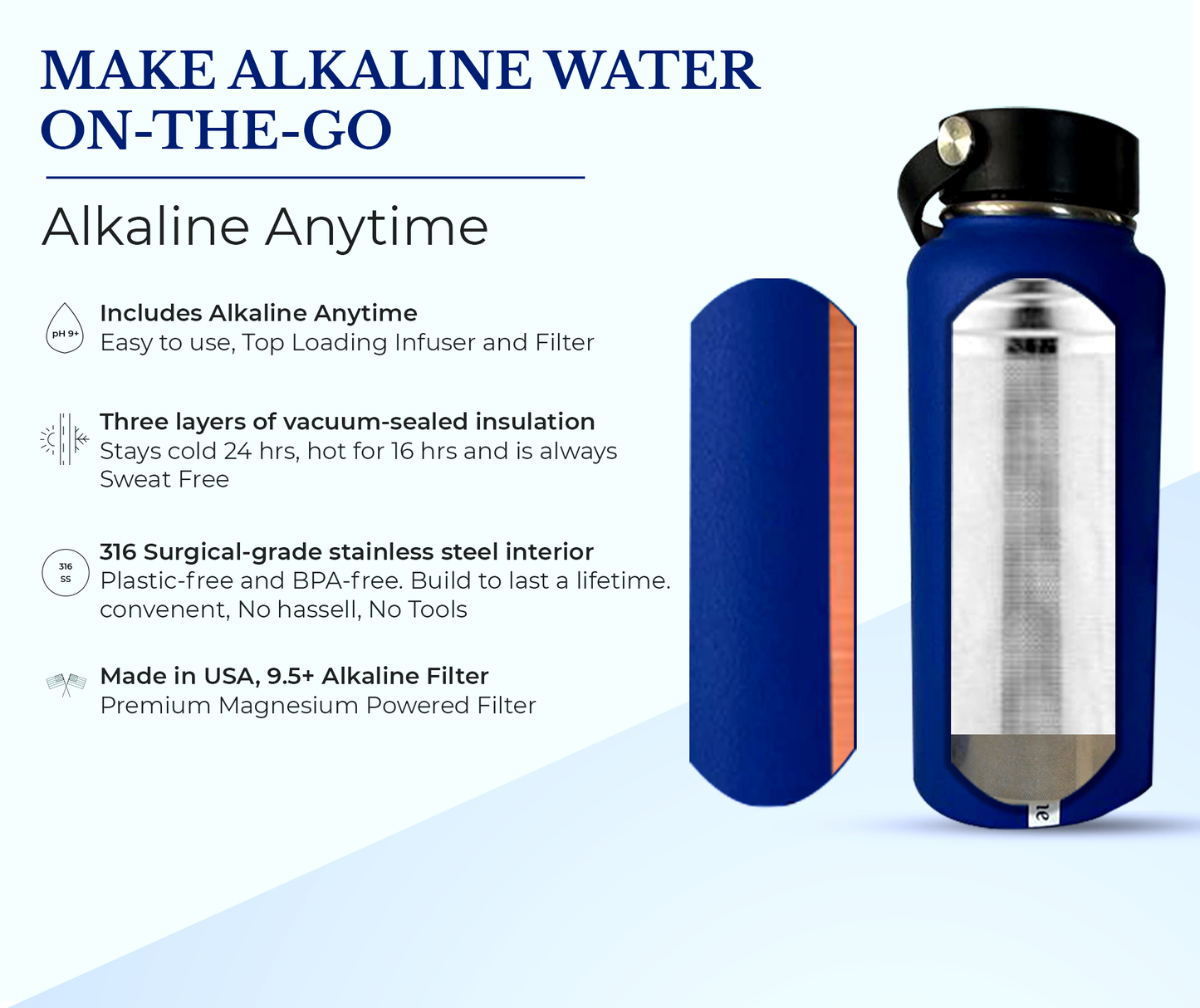 32oz. Alkaline Water Bottle Stainless Steel | Creates pH Water up to 9.5+ pH | Wide Mouth Vacuum Insulated With Handle | Micromesh Pouch and Infuser