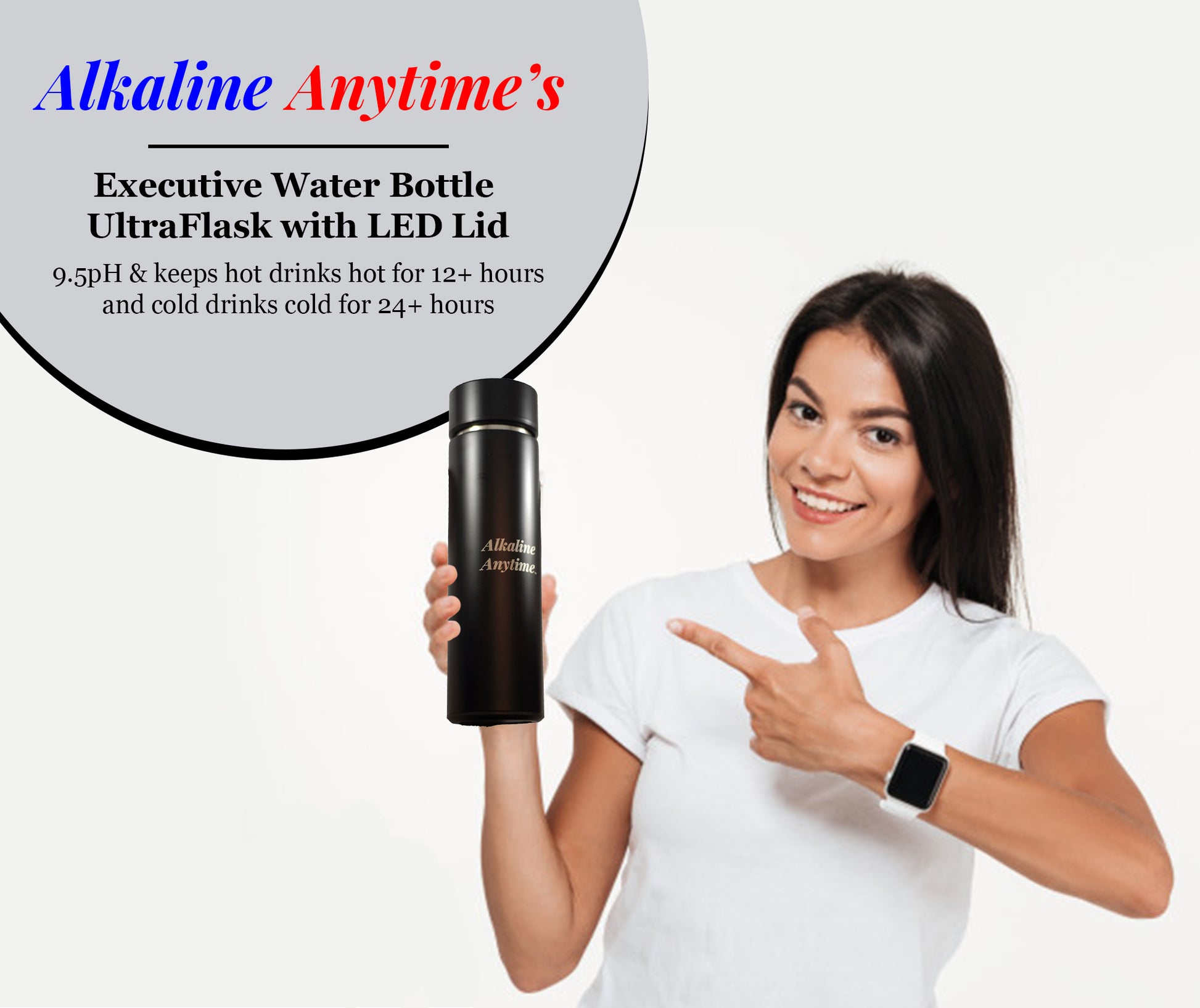 Executive Water Bottle- 2 Lids (LED Display & Steel Lid) & 3 Alkaline Water Pouches - Alkaline Anytime