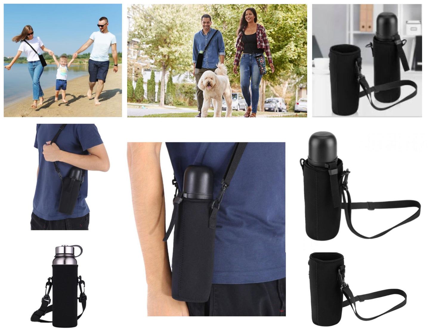 Water Bottle Carry Bag and Water Bottle Holder, Premium Insulated Holder Bag, Adjustable Shoulder Strap, Black, Fits 27-34oz Bottles