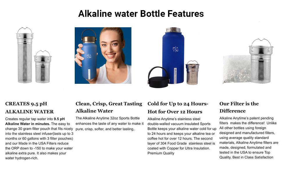 32oz. Alkaline Water Bottle Stainless Steel | Creates pH Water up to 9.5+ pH | Wide Mouth Vacuum Insulated With Handle | Micromesh Pouch and Infuser